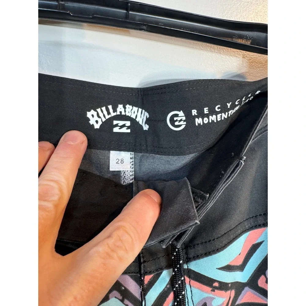 Billabong Kids Board Shorts Turquoise Black Geometric Print Elastic Waist NEW 28